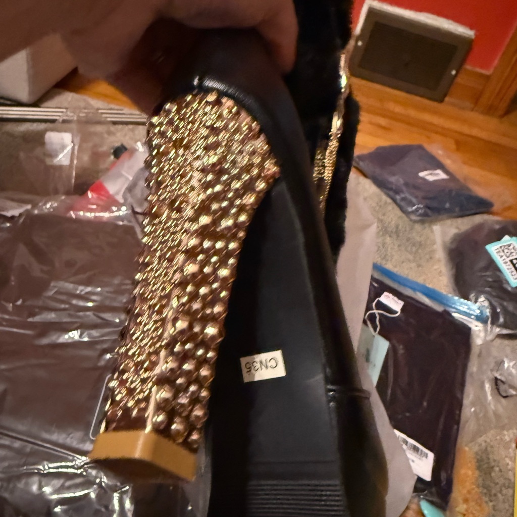 Nwt- Black And Gold Fur-Trimmed Platform Ankle Boots W/Gemstones